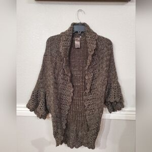 MAK Open Knit Cocoon Cardigan Sweater Brown Scalloped Trim Size S/M‎